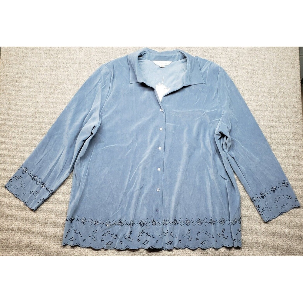 August Max Top Womens Size 2X Blue Collared Eyelet Long Sleeve Button Up New